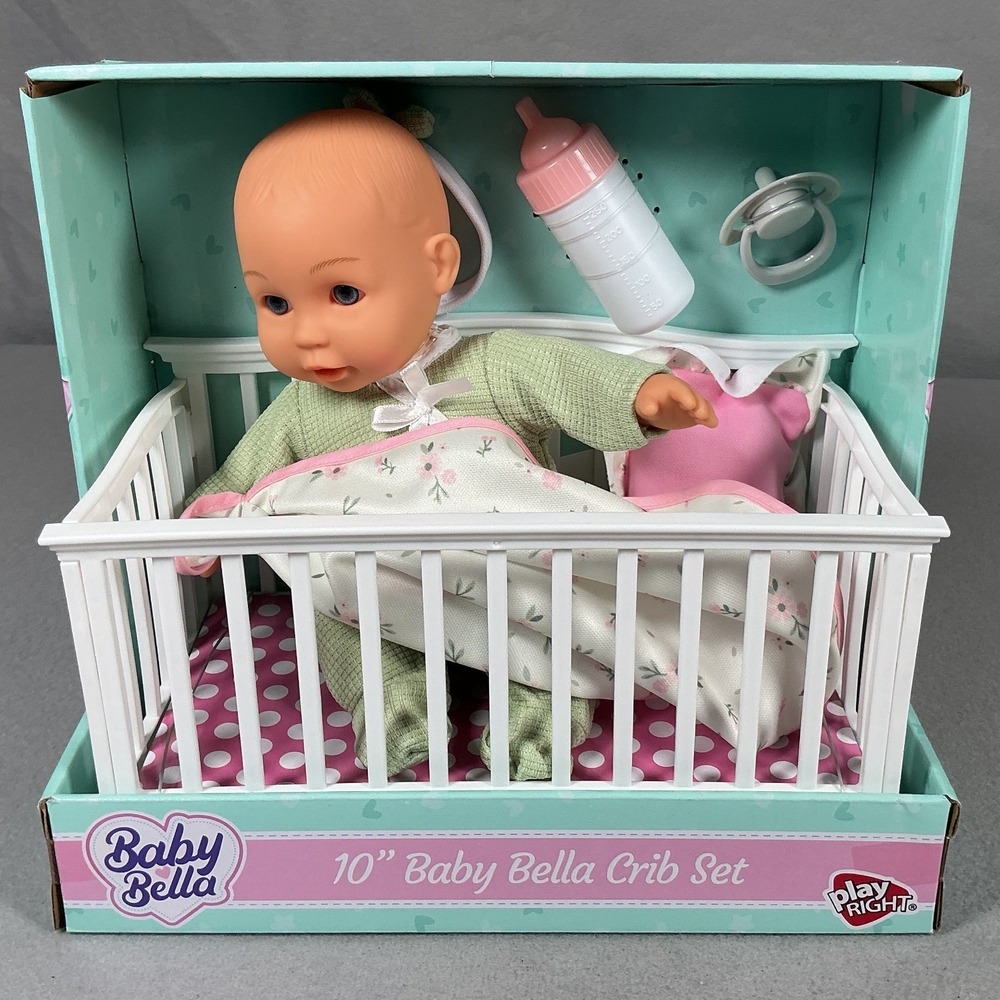 Baby Bella 10" Baby Doll Crib Set Play Right 6 Piece Doll Bottle Pacifier NEW